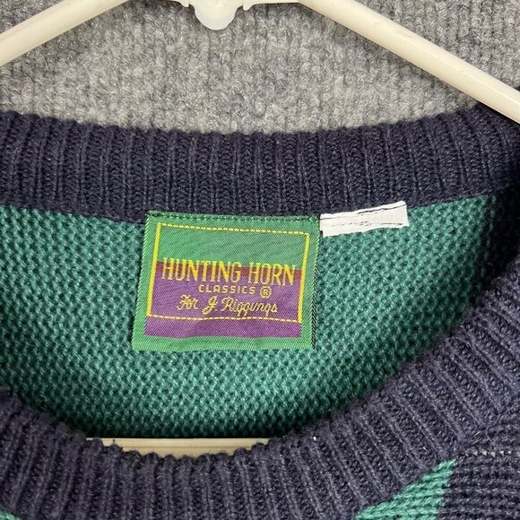 Vintage 80's Hunting Horn Men's Sweater Embroidered Crest Stripe geometric Size - Picture 7 of 7